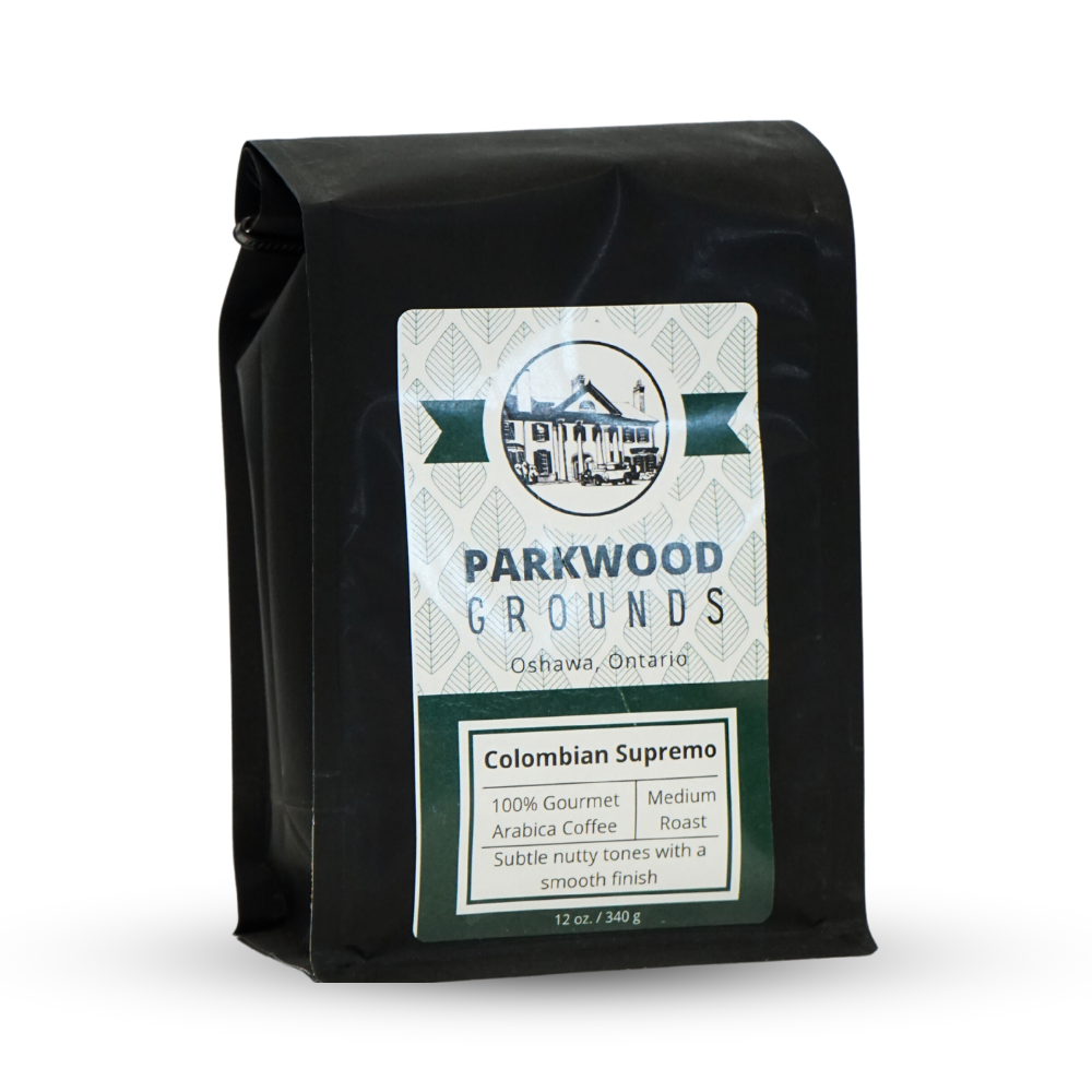 black bag with a white and dark green label that specifies colombian supremo