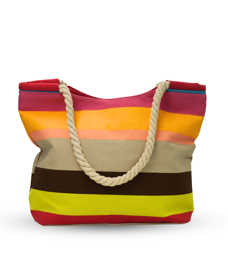 Multi-coloured striped tote bag with beige rope handles 