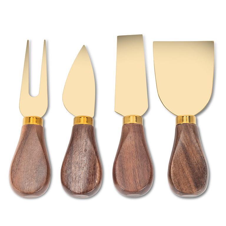 Gold Coloured Walnut Handled Cheese Knives, Set of 4