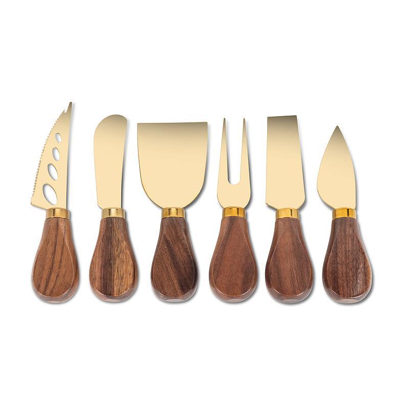 Gold Coloured Walnut Handled Cheese Knives, Set of 6