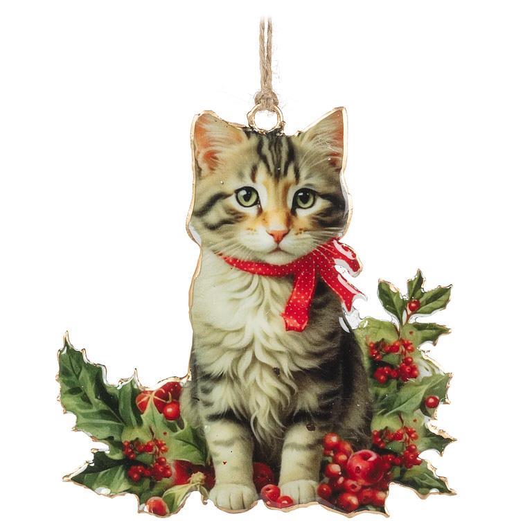 Holiday Kitten With Holly Ornament