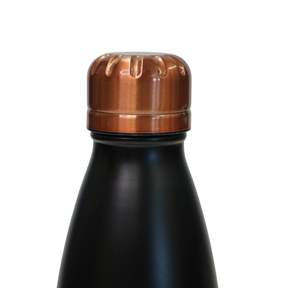 The top of the insulated water bottle with a black base and a bronze lid