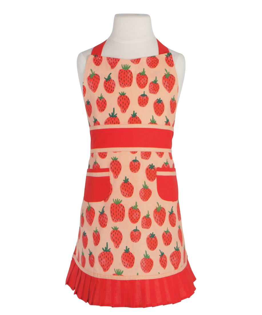 light pink and red apron with strawberries