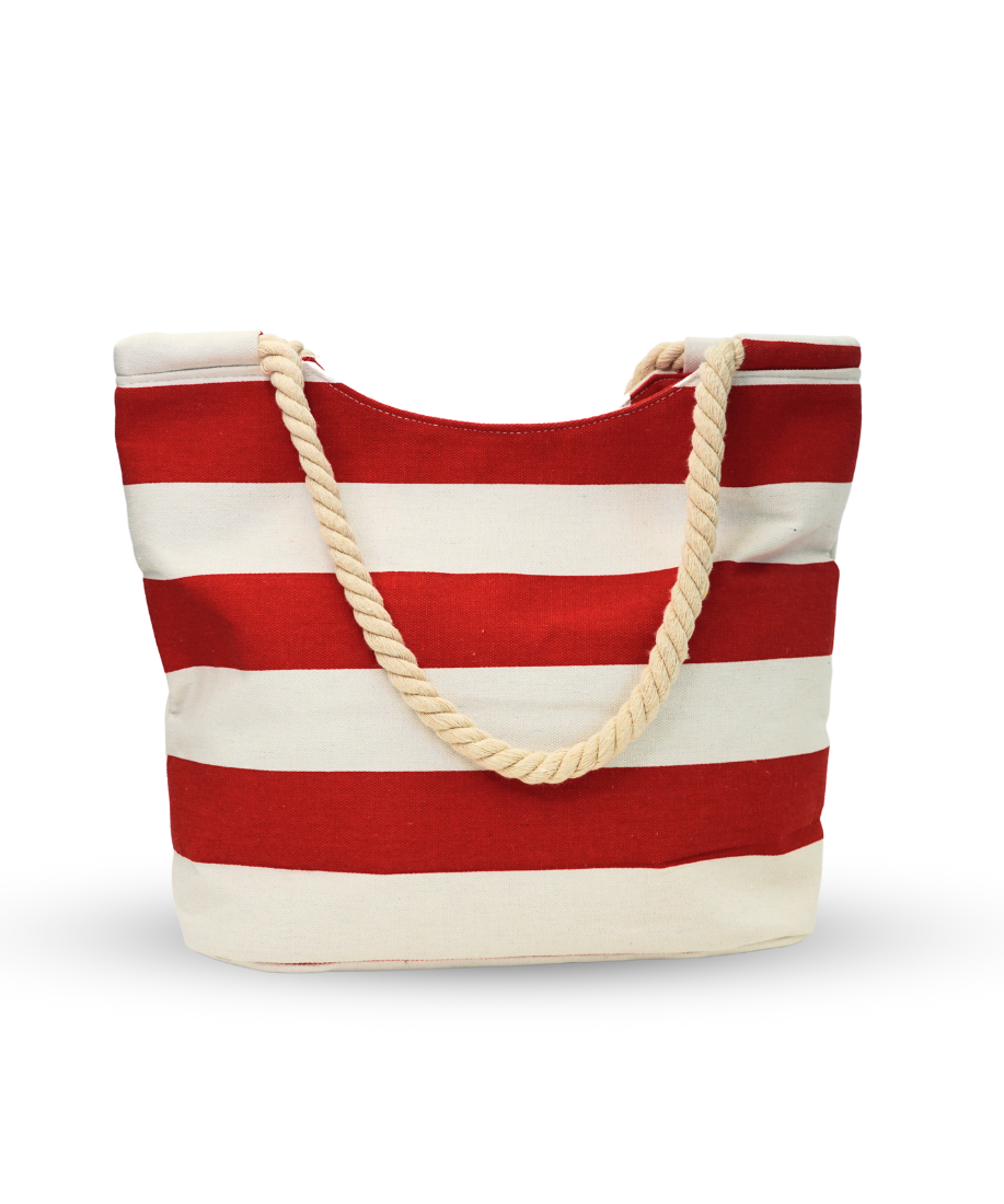 red and white striped tote bag with beige rope handles 