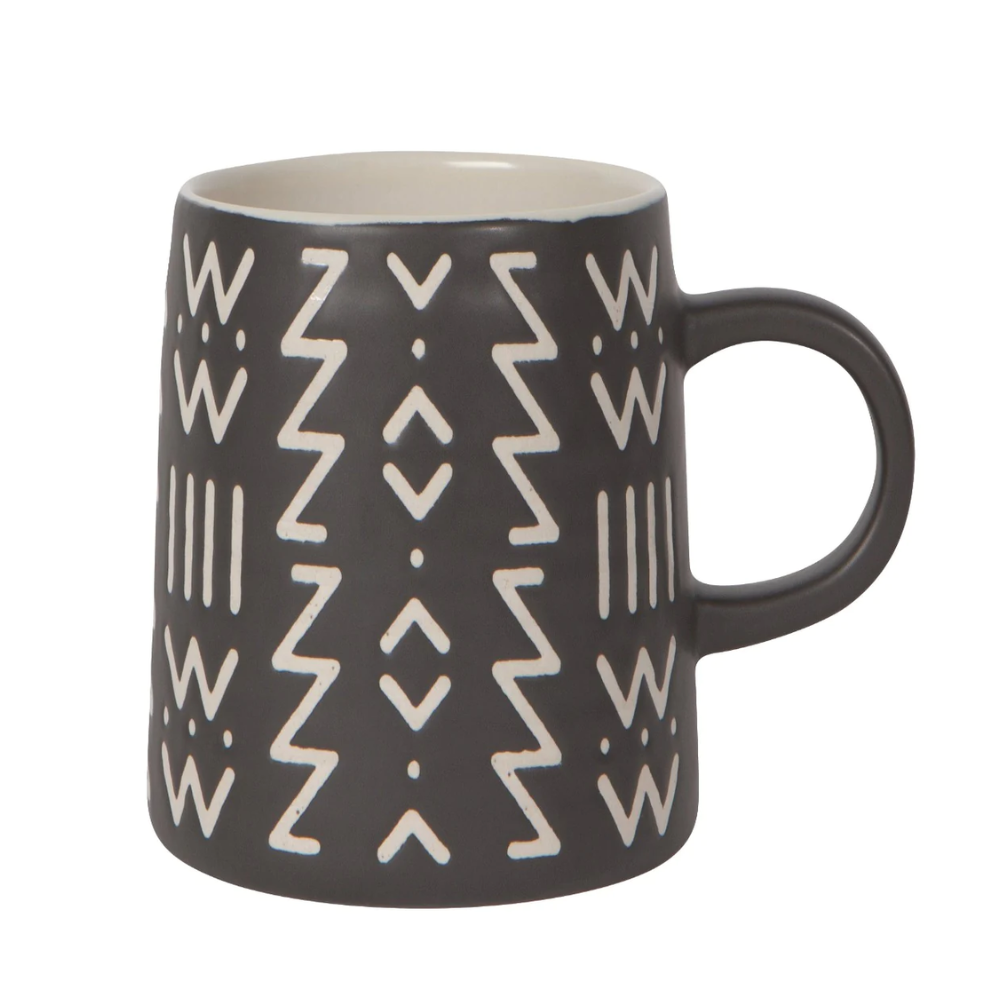 Dark grey mug with different white line and dot patterns