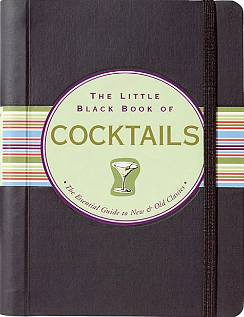 Black book with a multi-coloured stripe with a cirfular logo in the centre that reads "the little black book of coctails" with a martini below it 