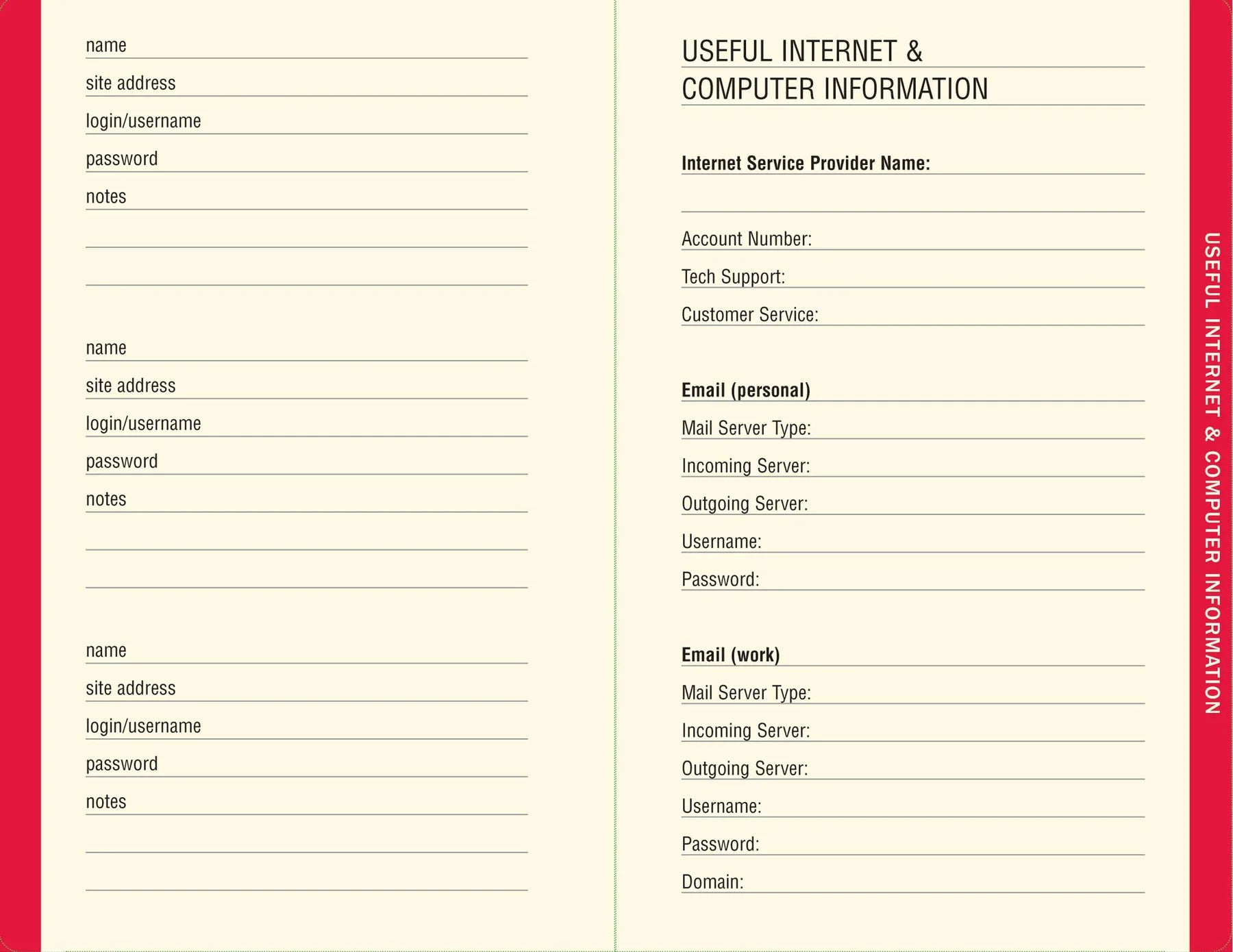 Two pages with spaces for different sites, passowrds, and internet connections