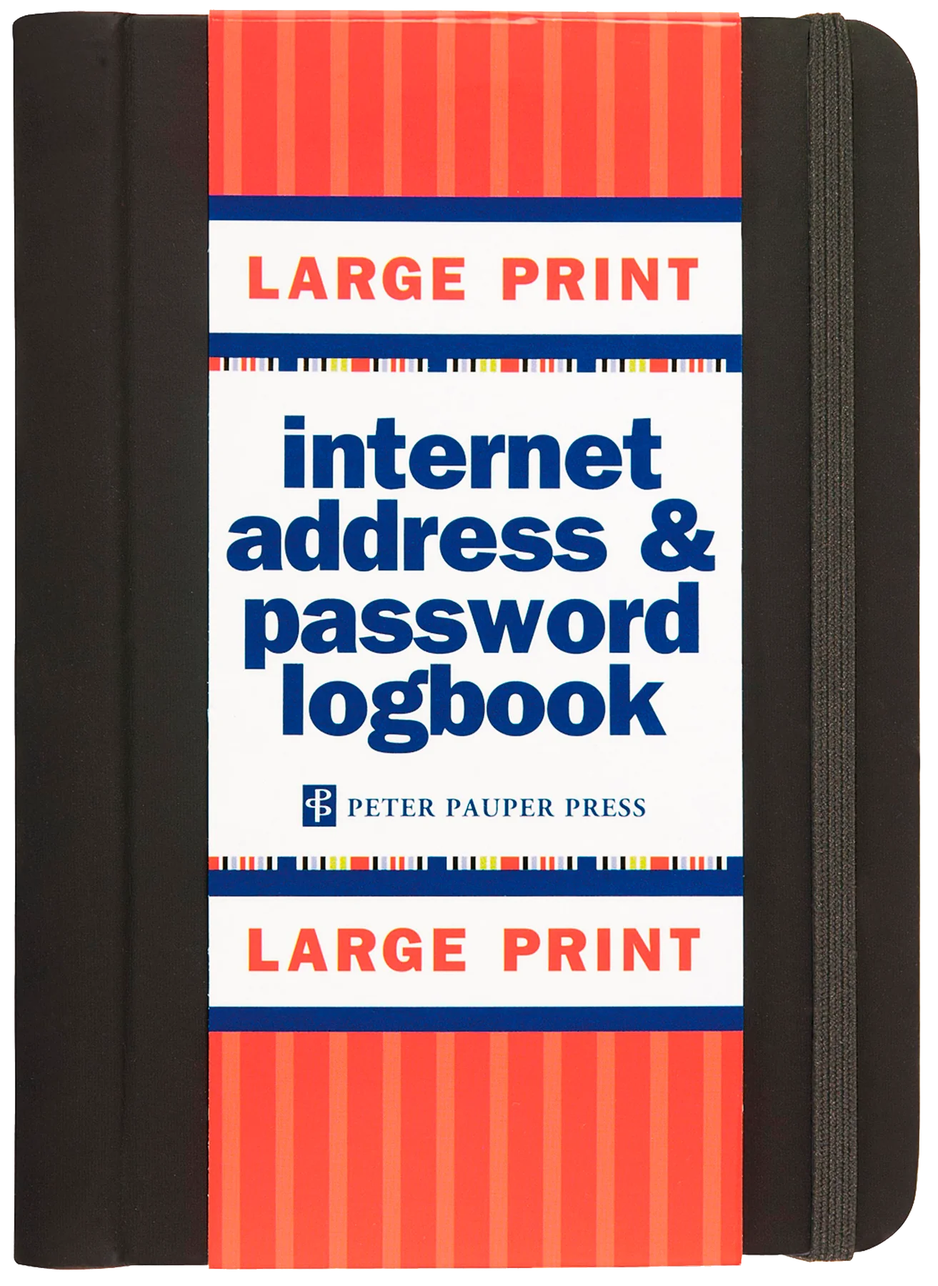 dark brown book with a light red vertical band that says "large print internet access & password logbook"