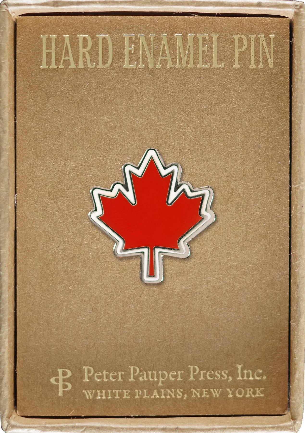red maple leaf pin with a white outline attached to a box that reads hard enamel pin