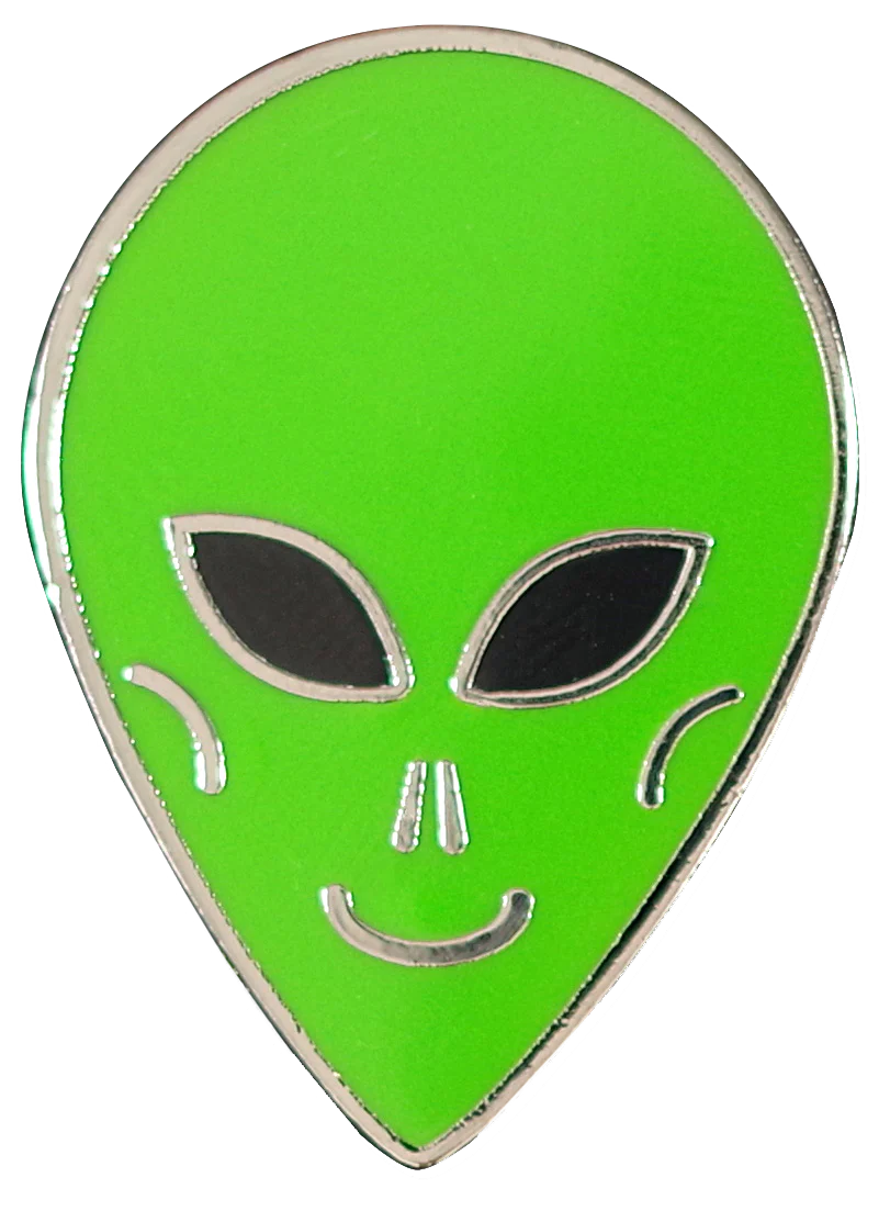 green alien head pin with black eyes