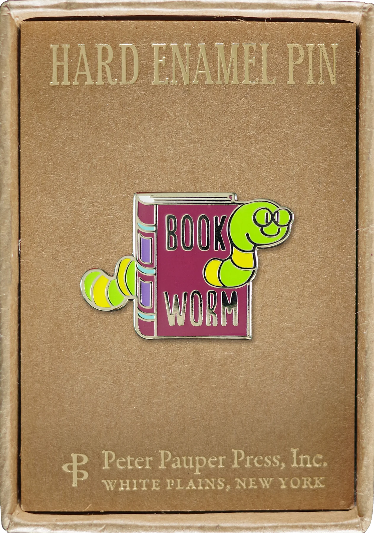 green smiling worm with round glasses crawling through a red book that's says book worm on the front on a box that says hard enamel pin