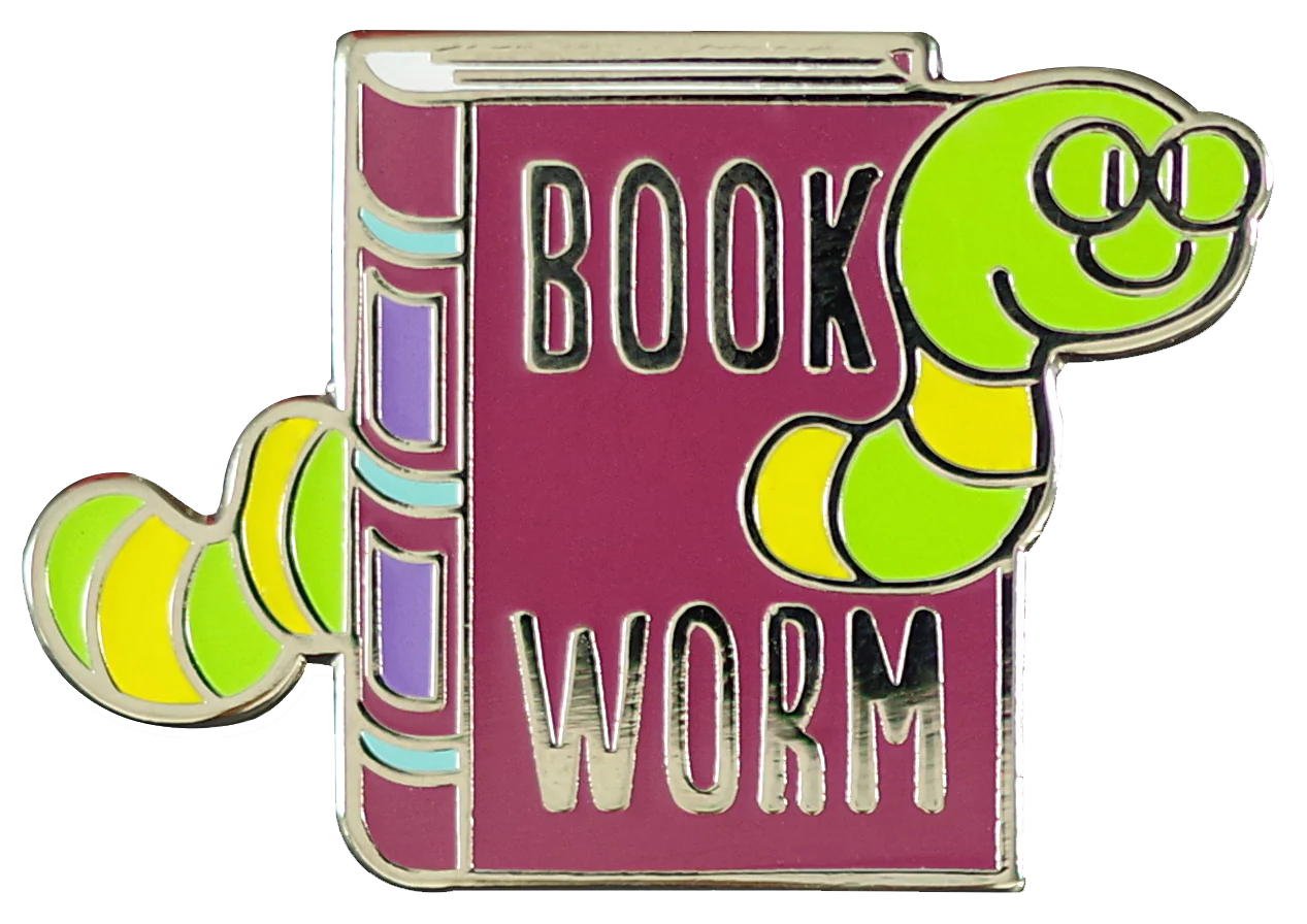 green smiling worm with round glasses crawling through a red book that's says book worm on the front 