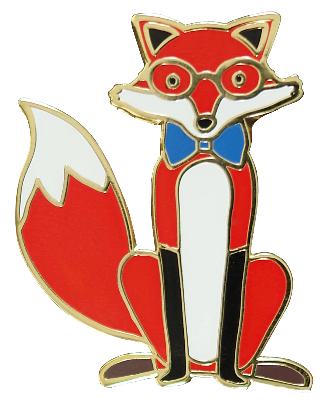 Red, white, and black fox pin with a blue bowtie and glasses