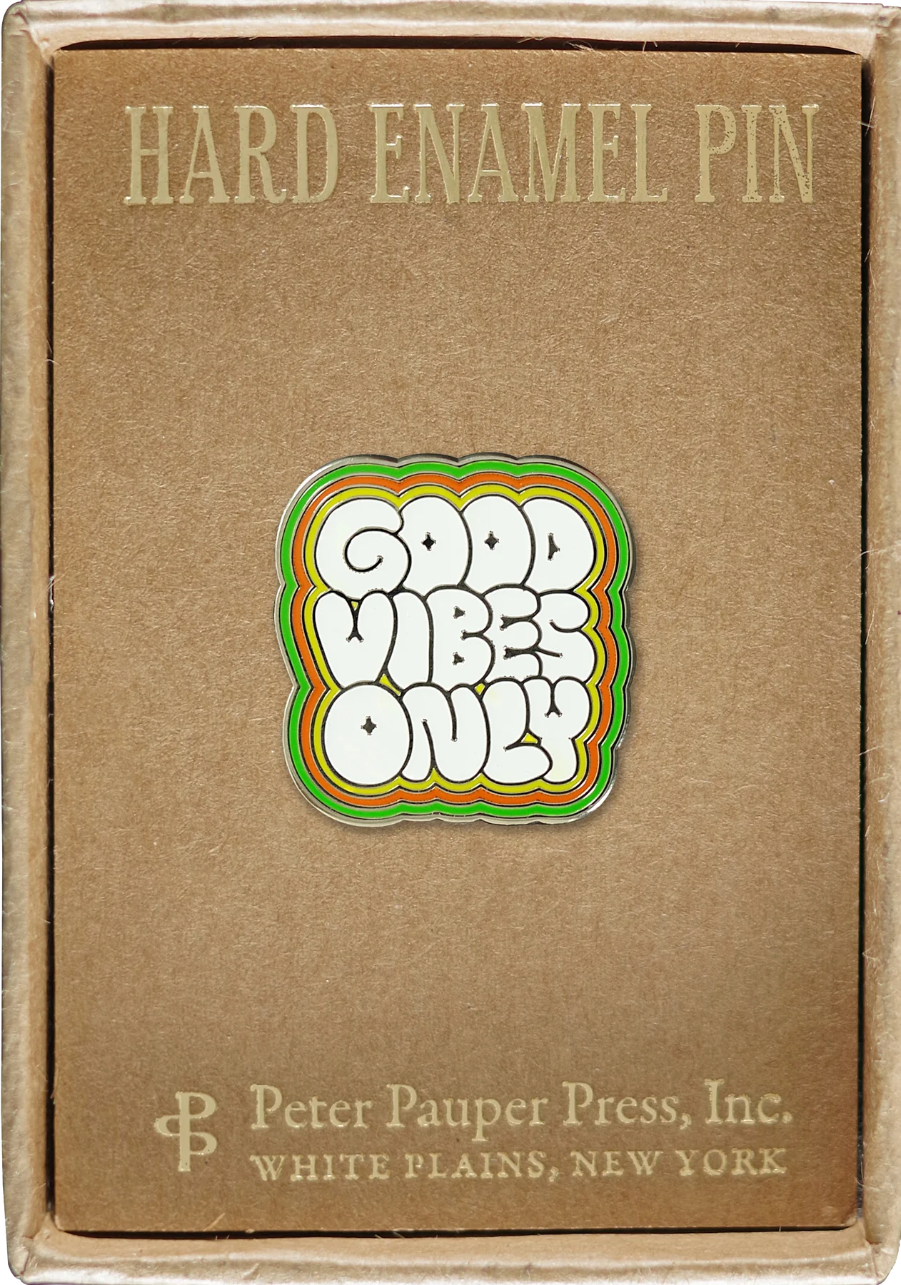 Puffy, vintage, white text that says Good Vibes Only with a green, orange, and yellow border  attached to a box that says hard enamel pin