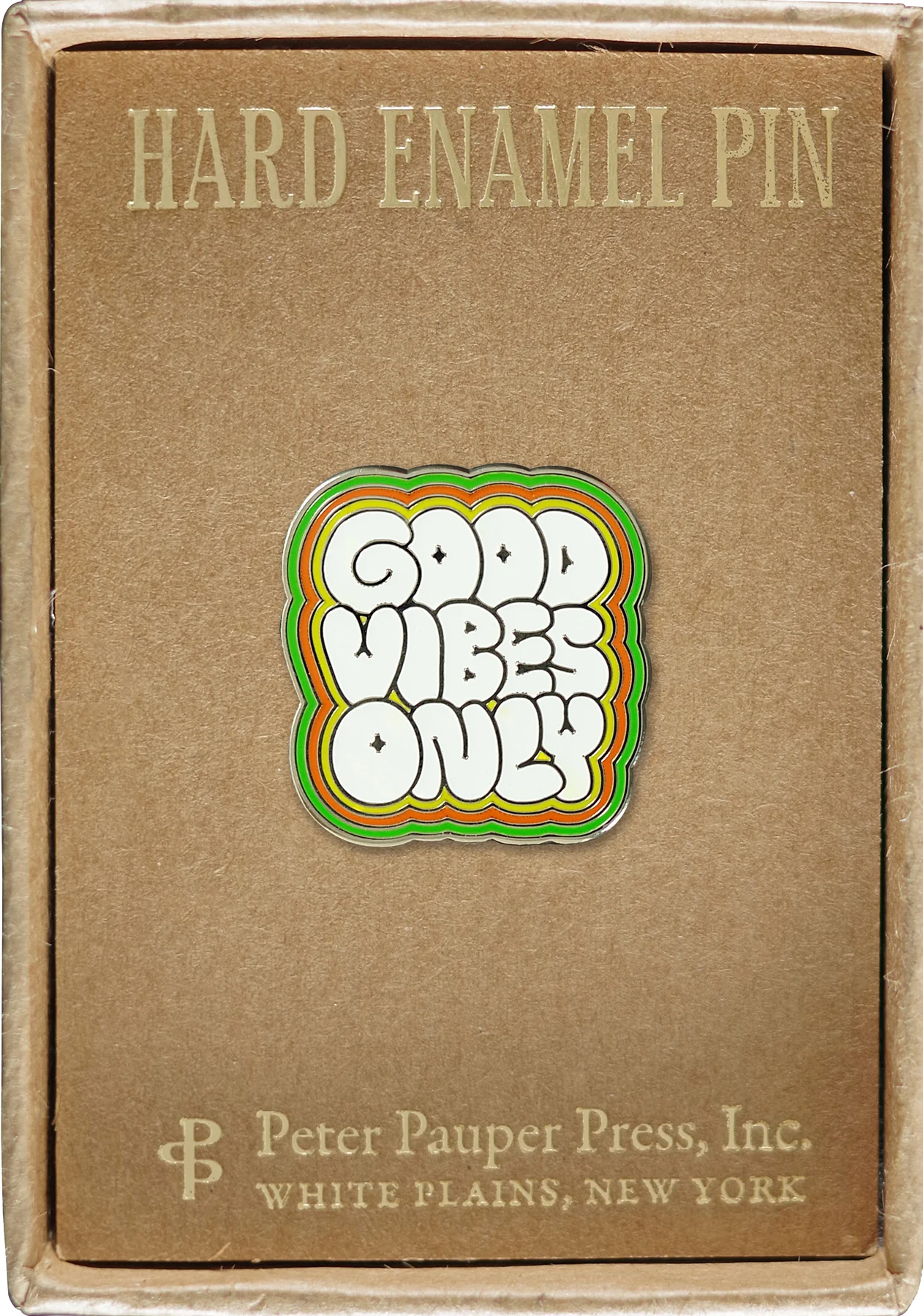 Puffy, vintage, white text that says Good Vibes Only with a green, orange, and yellow border attached to a box that says hard enamel pin