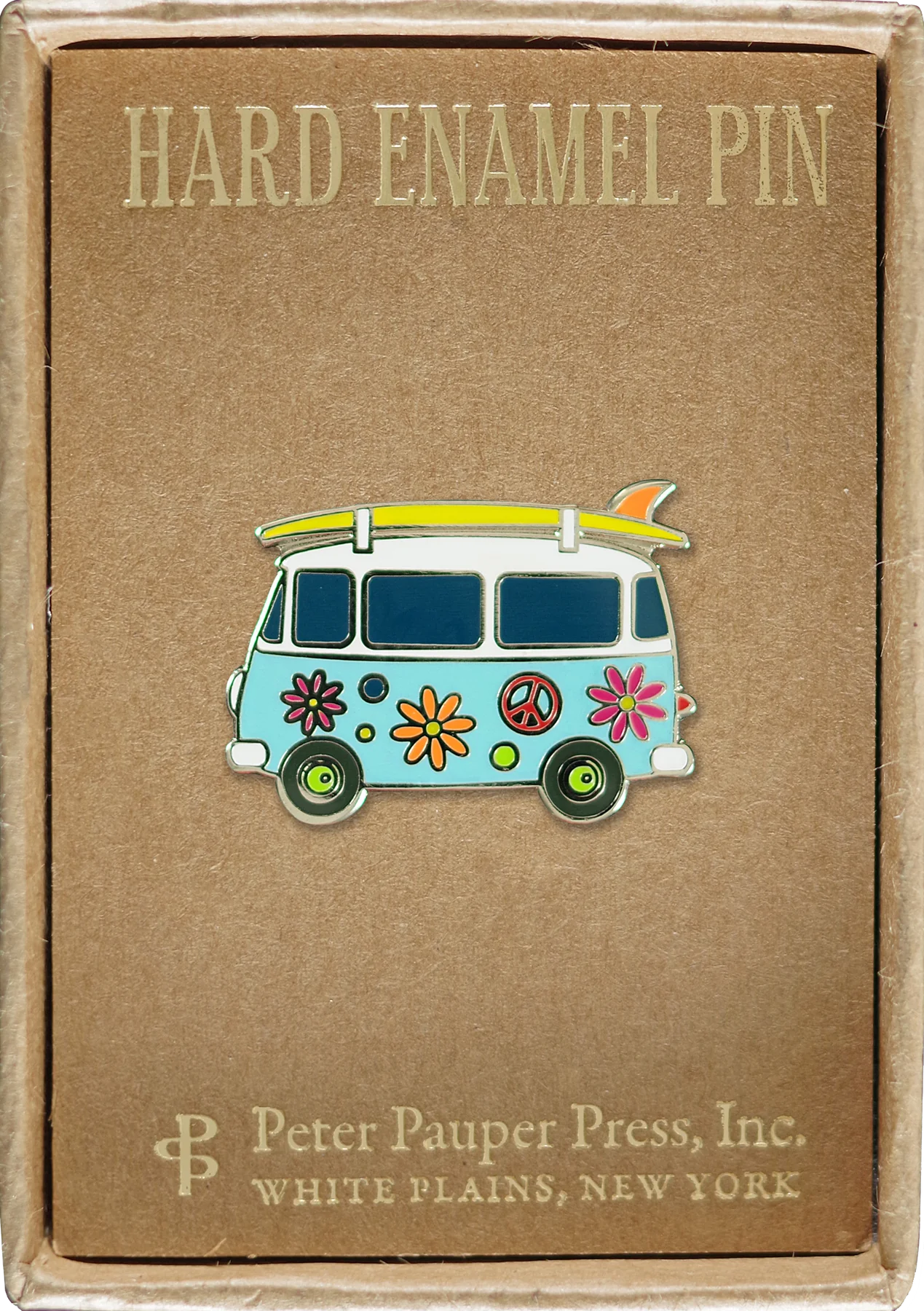 light blue and white vintage bus with multi-coloured flowers and peace signs all over it with a green and orange surf board on the roof attached to a box that says hard enamel pin