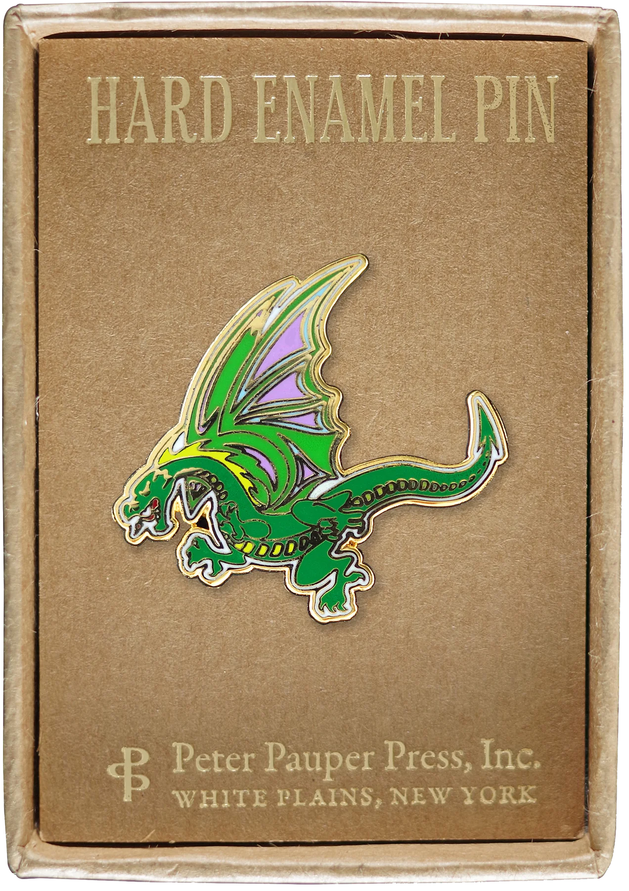green dragon pin with purple wings and yellow spikes attached to a box that says hard enamel pin