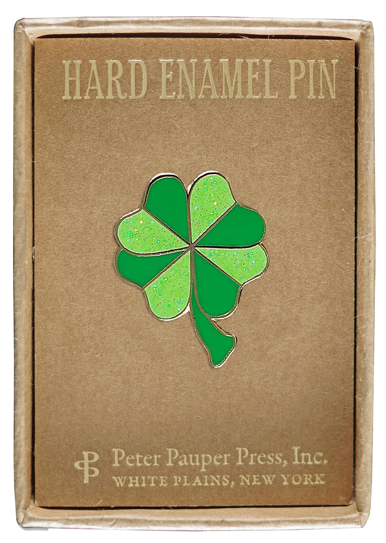 green and light green four leaf clover attached to a box that says hard enamel pin