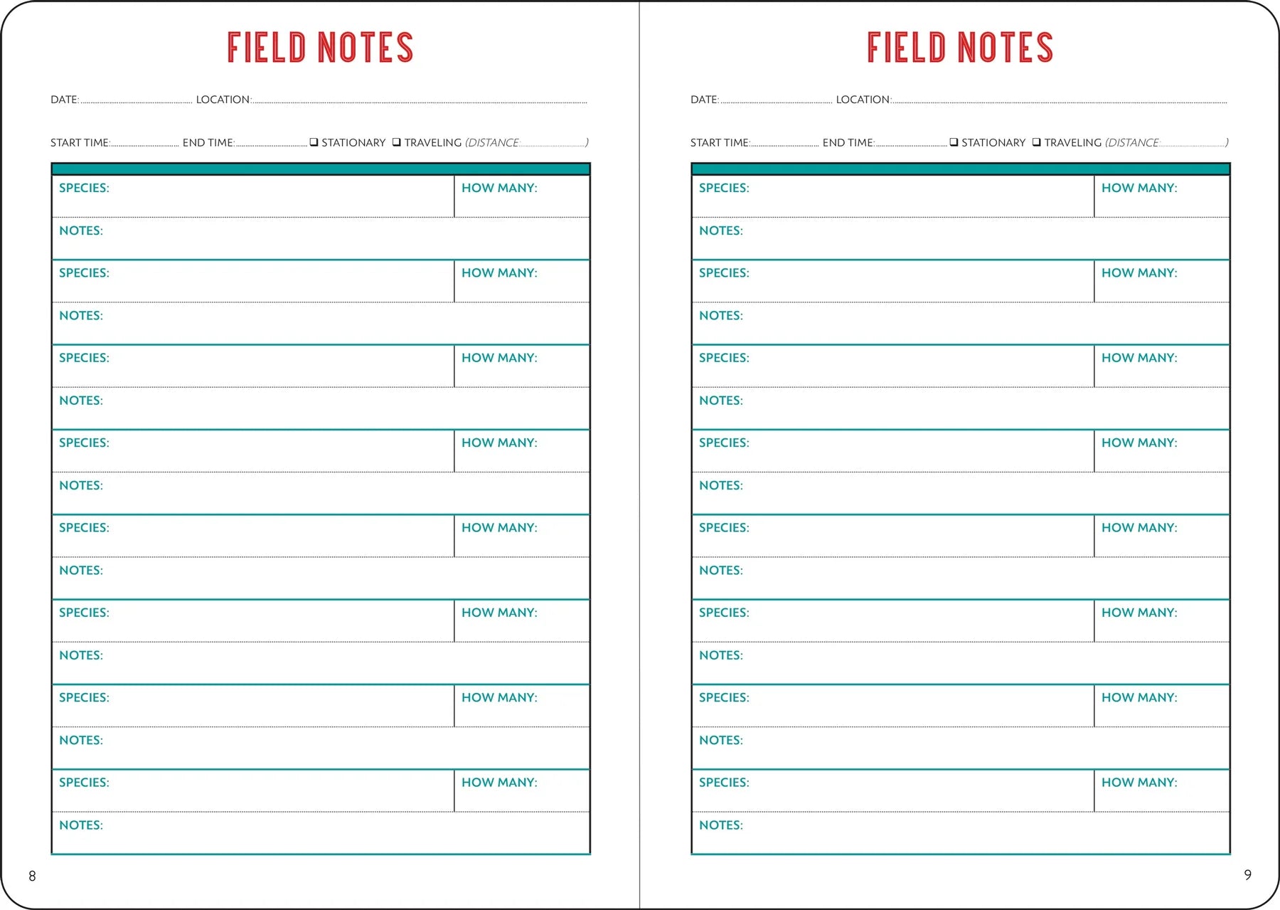 two pages of a book with charts that are labelled 'field notes'