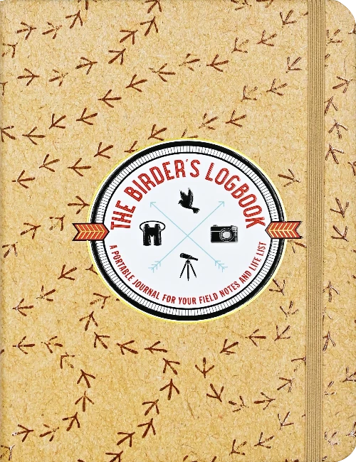 yellow book with bird tracks and a round logo that says the birder's logbook
