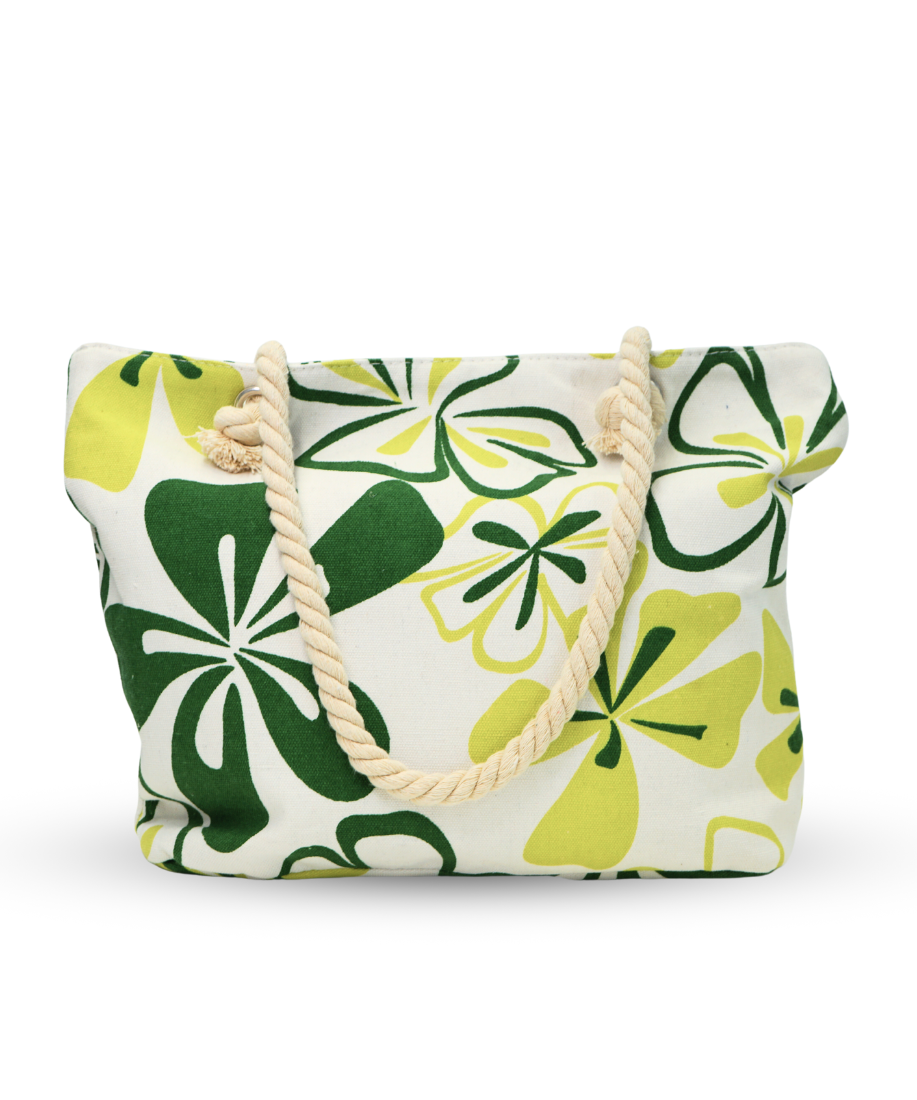 white tote bag with tropical style flowers in different shades of green