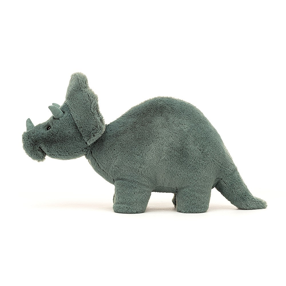 side view of a dark green plush triceratops 