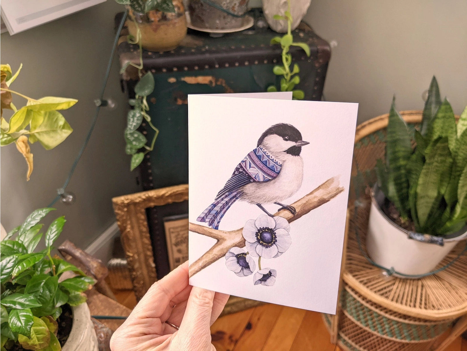 Chickadee With Patterned Feathers, Greeting Card