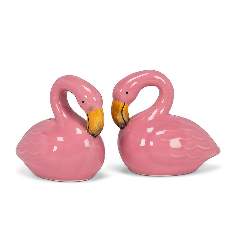 Salt and pepper shakers in the shape of two pink flamingos