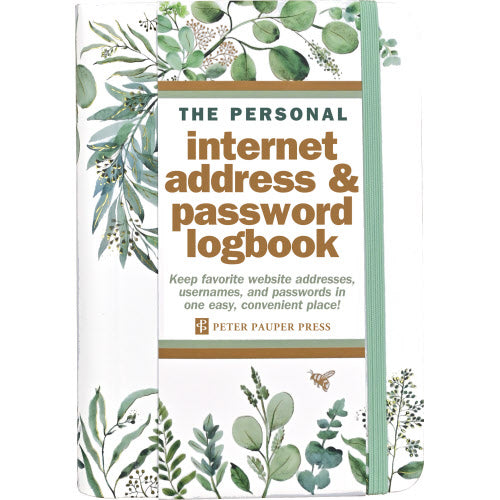 white book cover with leaves and text that says "the personal internet address & password logbook"