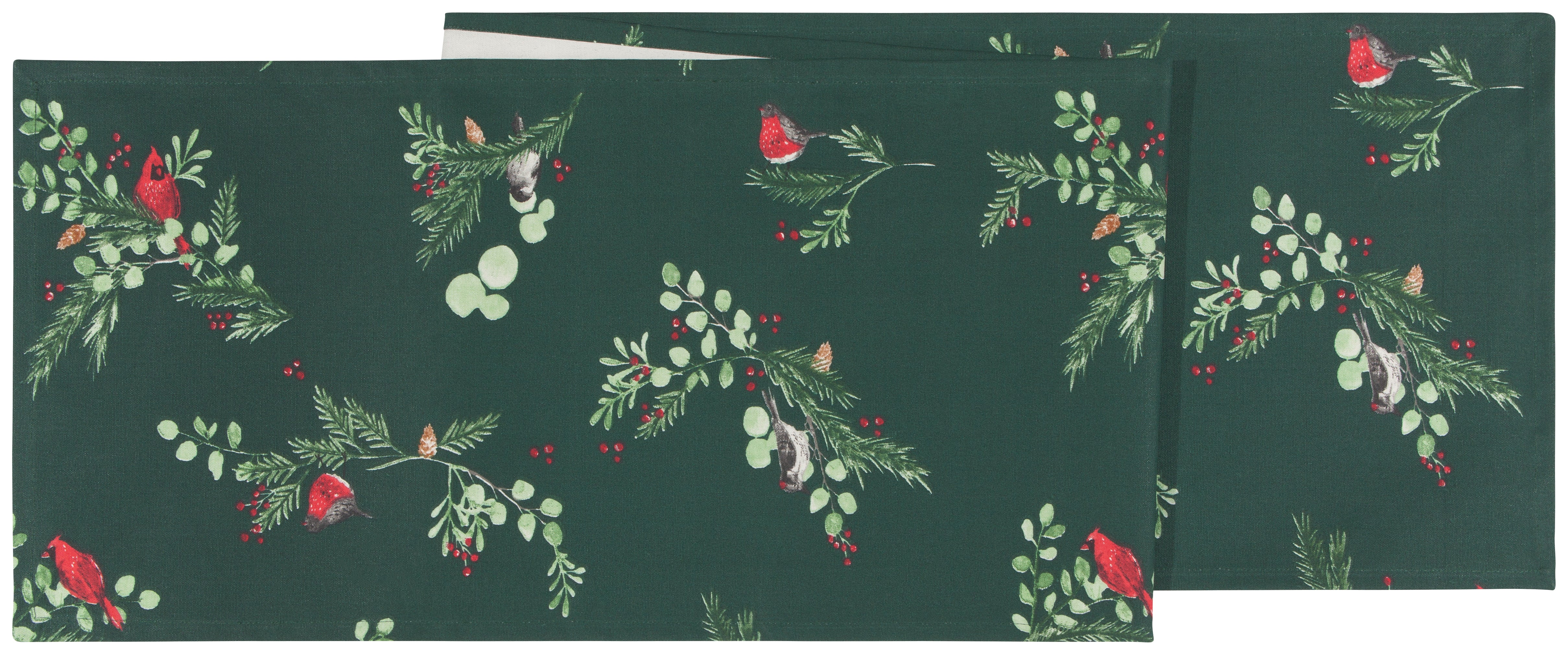 Dark green table runner with red cardinals and robins perched on pine and eucalyptus branches with berries