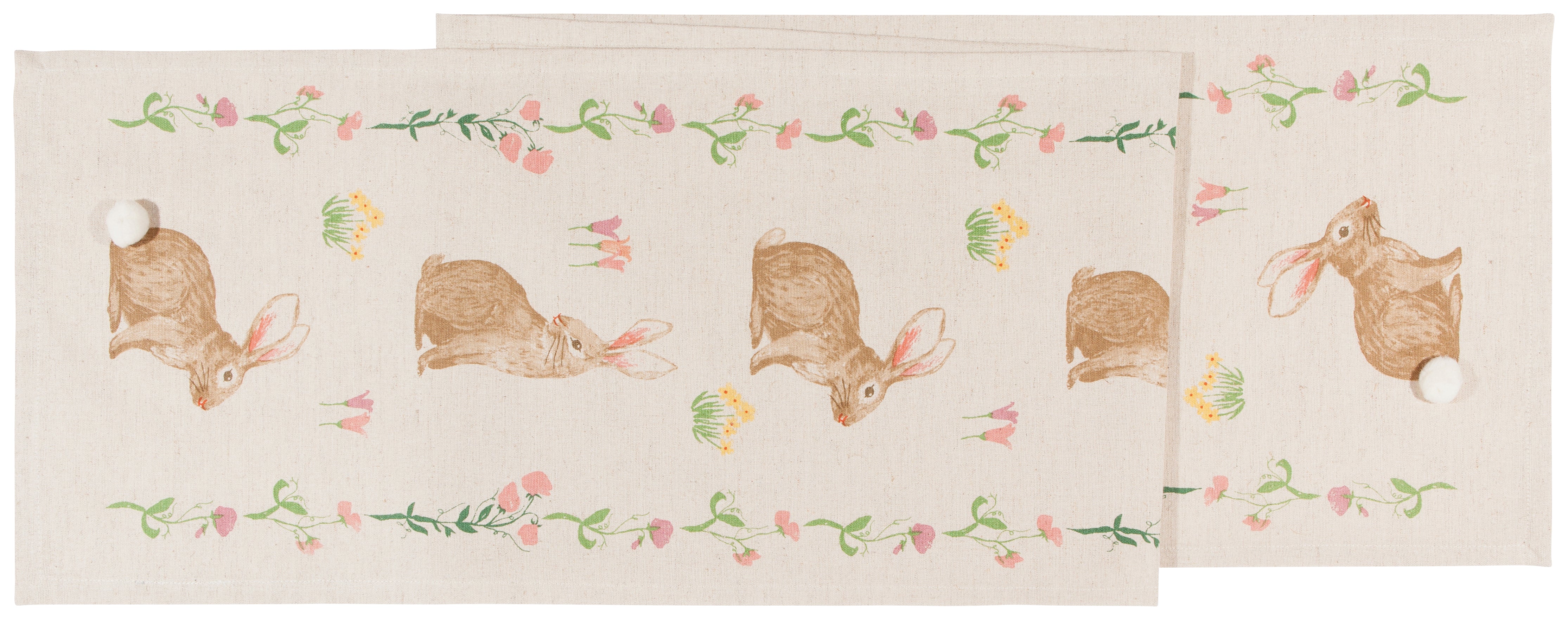 semi folded off-white table runner with a vintage design that includes a border of light pink flowers, light brown bunnies, and yellow/pink flowers around it.