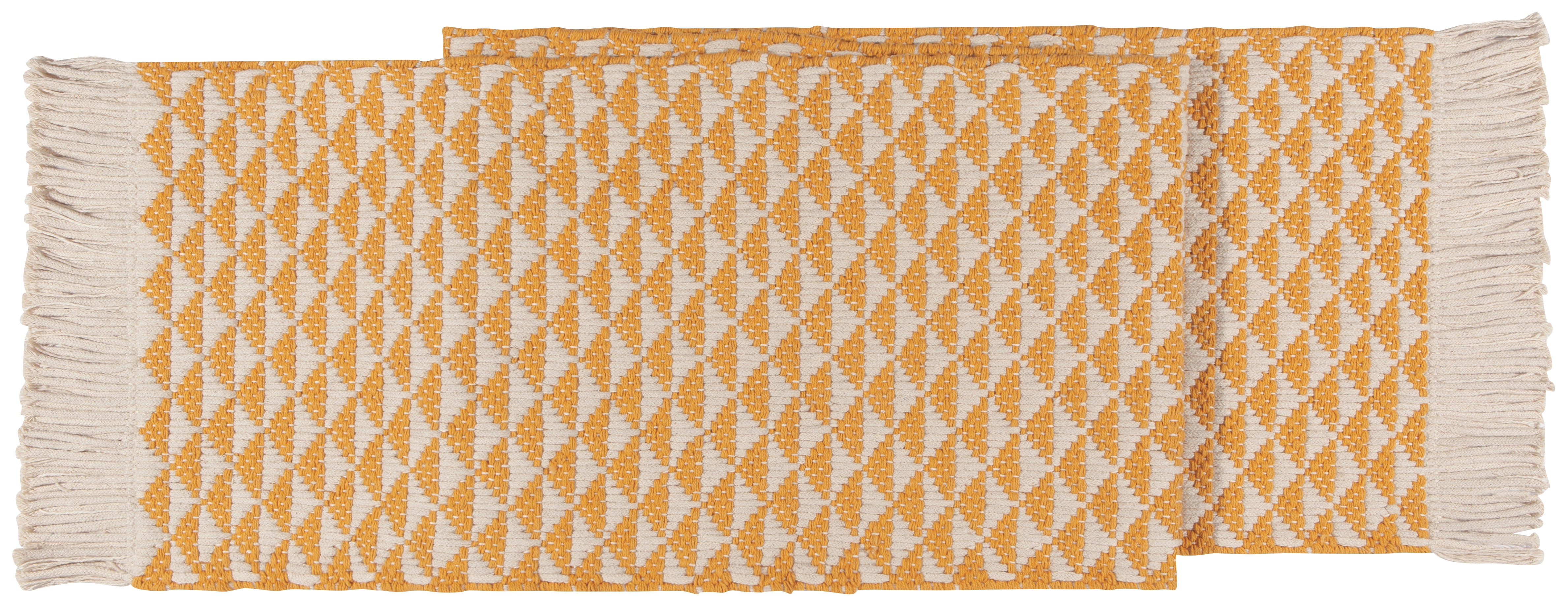Orange and white semi-folded table runner with a triangular pattern