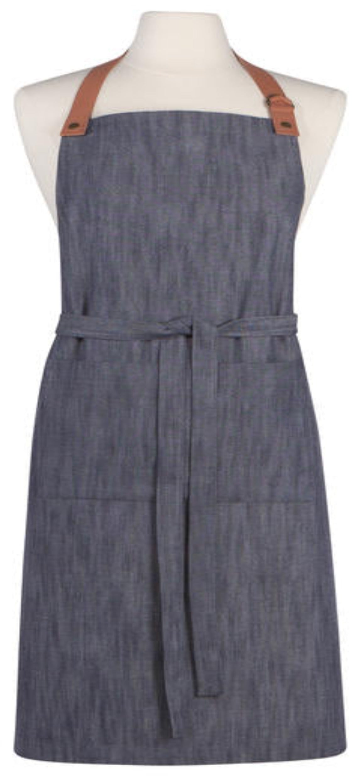 bluish grey apron with leather straps