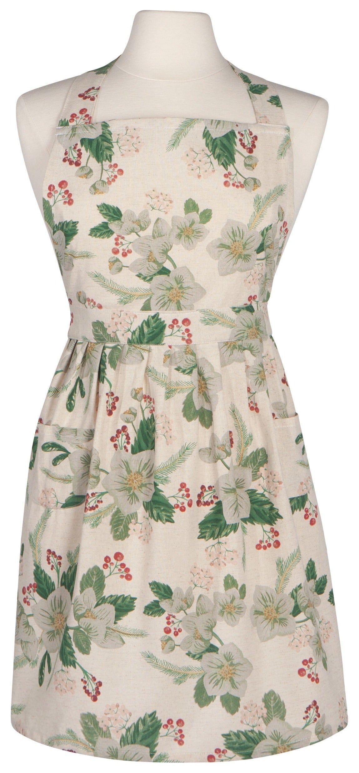 Cream coloured apron with white blossom flowers printed on it