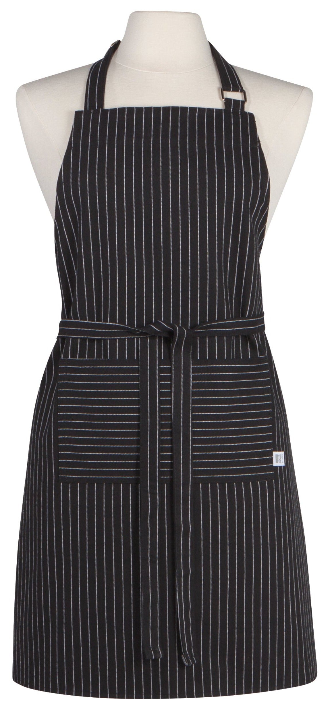 black apron with white pinstripes on a white mannequin