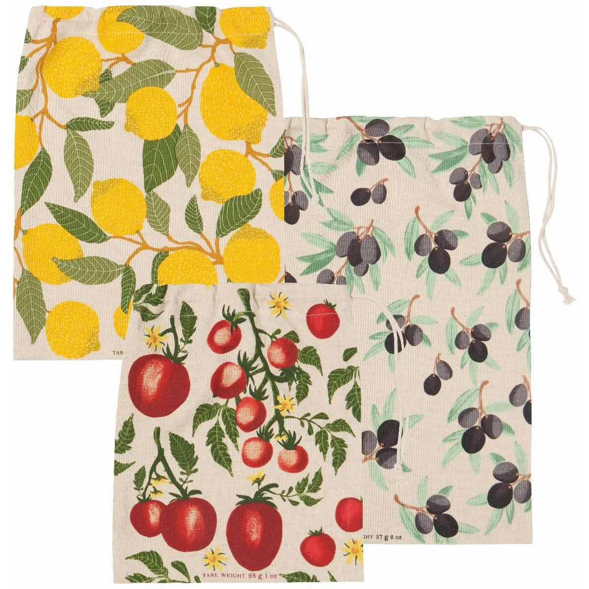 Off white pouch with vintage portrayals of tomatoes, lemons, and berries on three pouches
