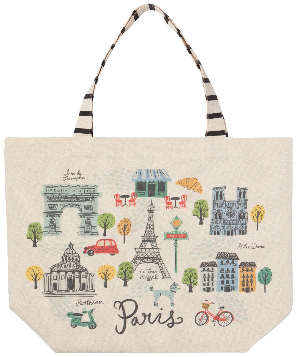 White tote bag with black and white striped handles, and line art of various famous parisian locations with paris in scripture below it