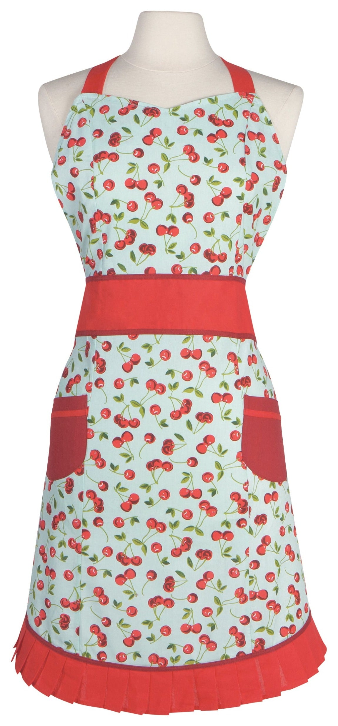 Off white and red apron with bunches of cherries printed on it