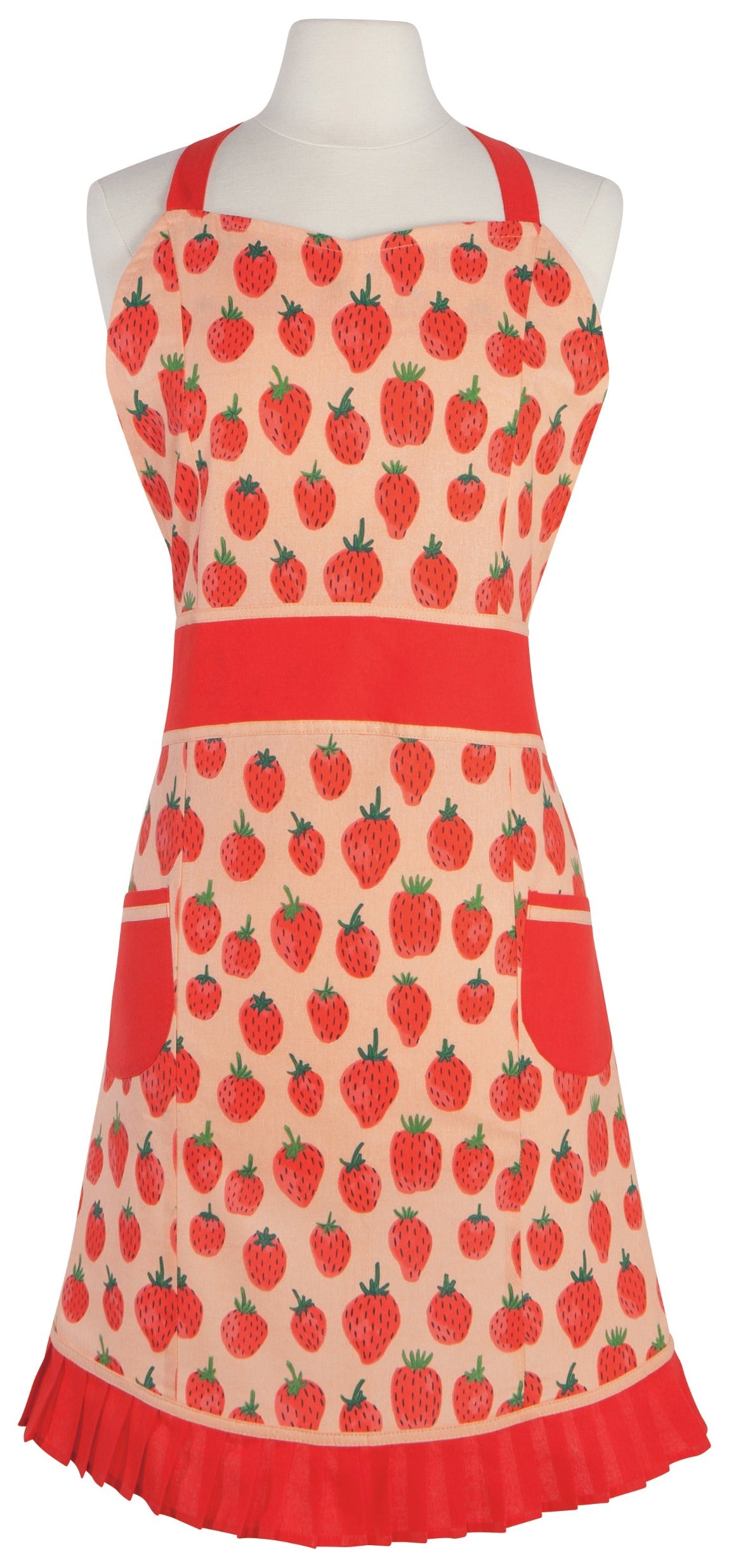 Red and peach apron with strawberries printed on it