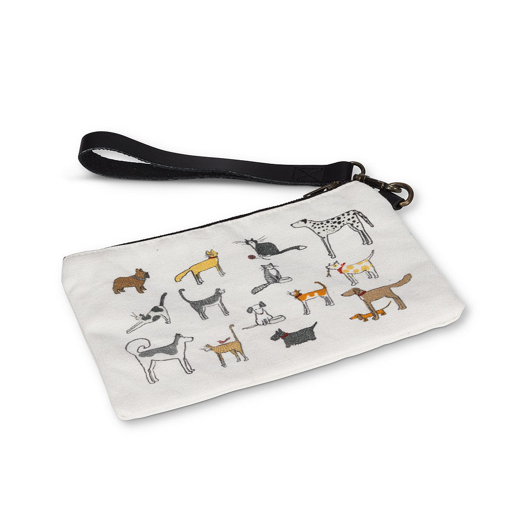 Alternate view of a white zip up pouch bag with watercolour drawings of various dogs and cats