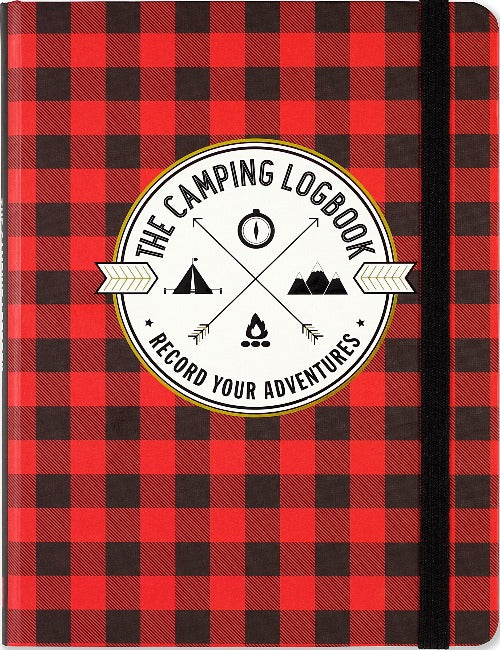 Red and black buffalo plaid with a circular logo that says "the camping logbook" and "record your adventures" 