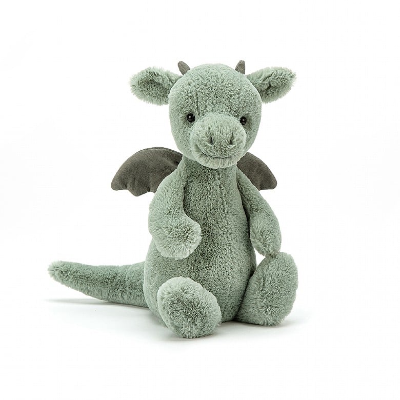 greenish-grey plush smiling dragon