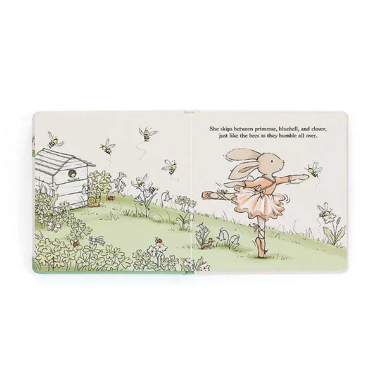 two pages featuring a light grey bunny doing ballet on a flowery hill, next to a bee house