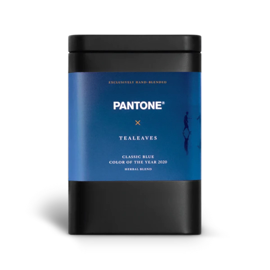 Black rectangular container with a large blue label that has the pantone and tealeaves logo with the product name classic blue
