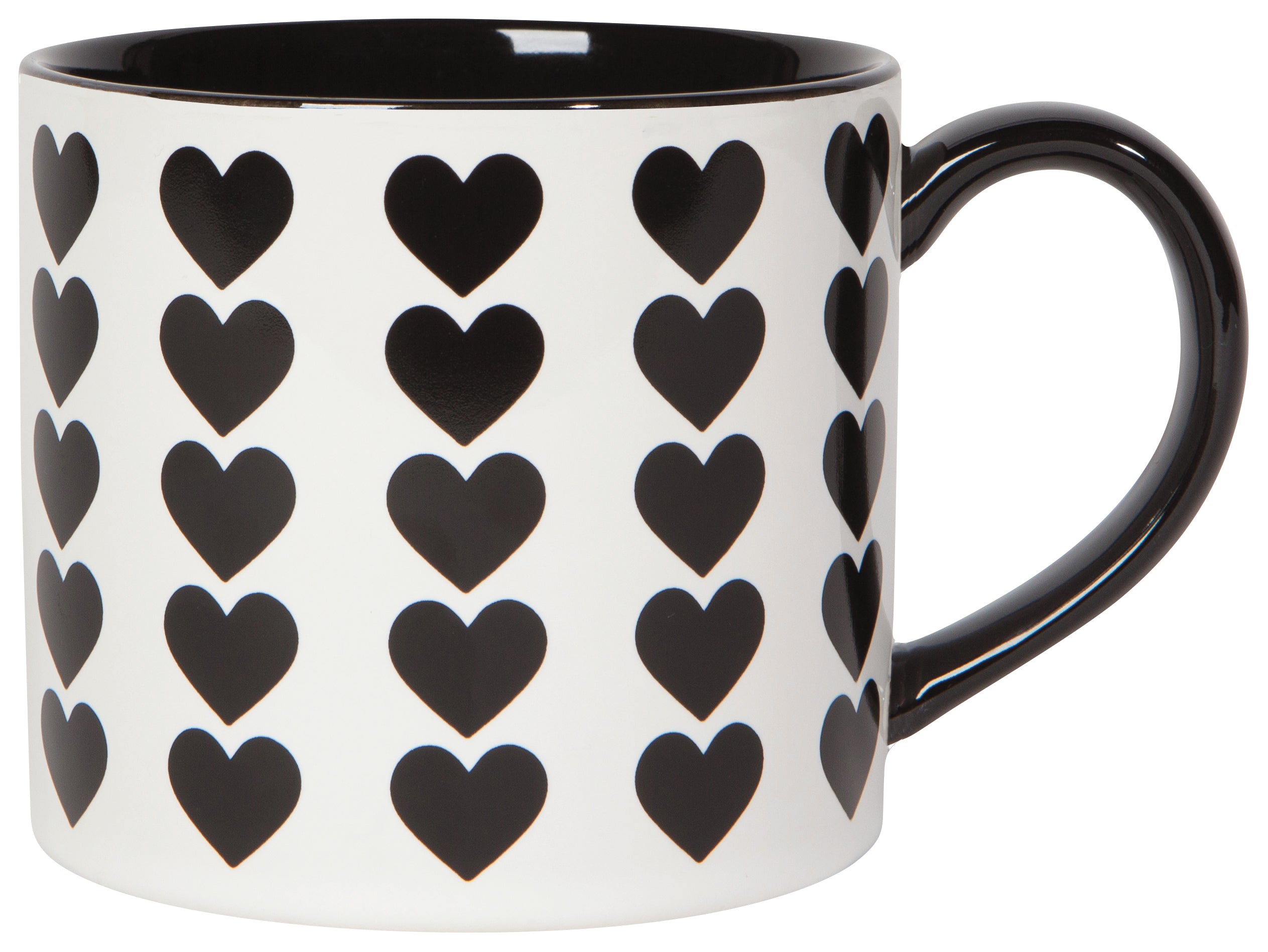 white mug with black interior and handle, with black hearts in a pattern printed on the exterior