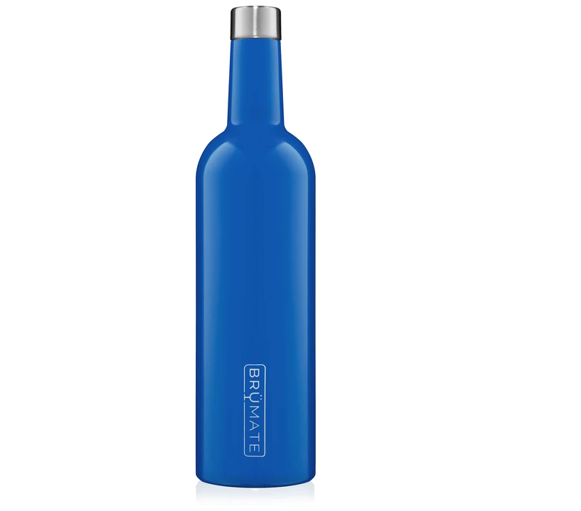 Blue  wine bottle shaped water bottle with Brumate etched vertically into the bottom