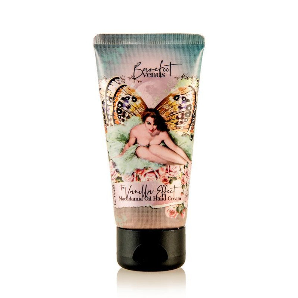 Oil cream tube with a light pink and blue background, and a female pin up model sitting on a light green flower, with butterfly wings behind her