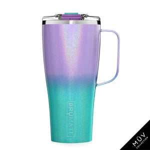 tall pint shaped insulated mug in a glitter infused light pink and aqua green gradient 