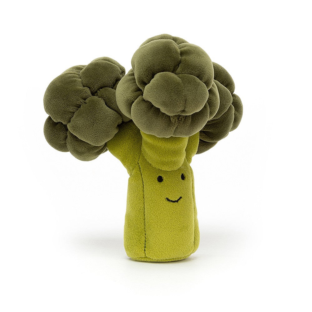 Plush smiling broccoli with dark green leaves and a light green stem