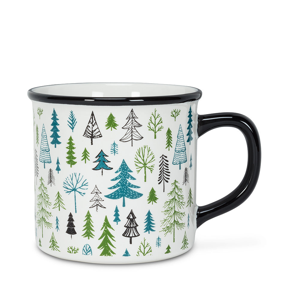 White mug with black rim and handle, with pine trees done in different colours and art styles